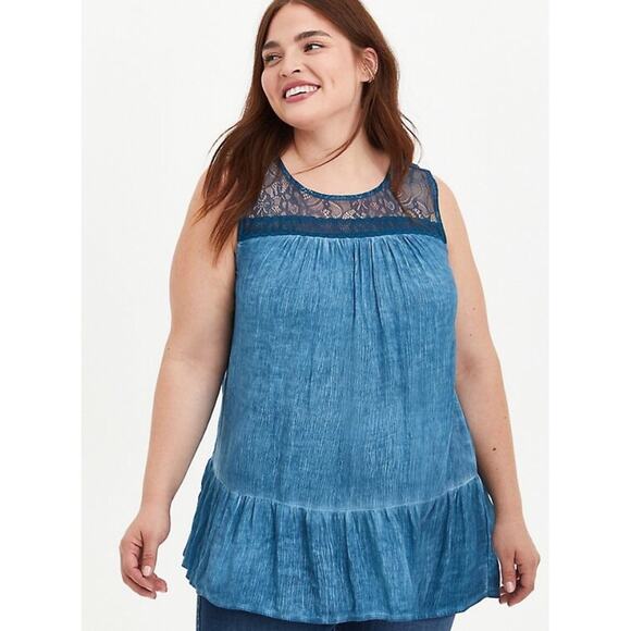 Torrid Lace Trim Tank - Gauze Mineral Wash Blue 4X NWT - Picture 1 of 9